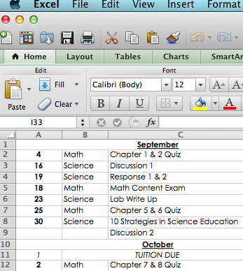 excel sheet for assignment due dates